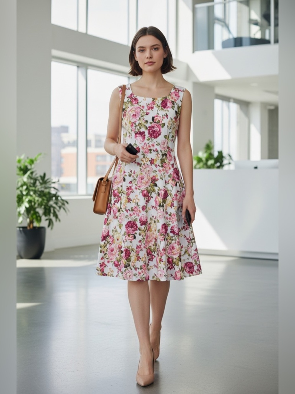 Sleeveless Floral Midi Dress in White with Pink Rose Print size M